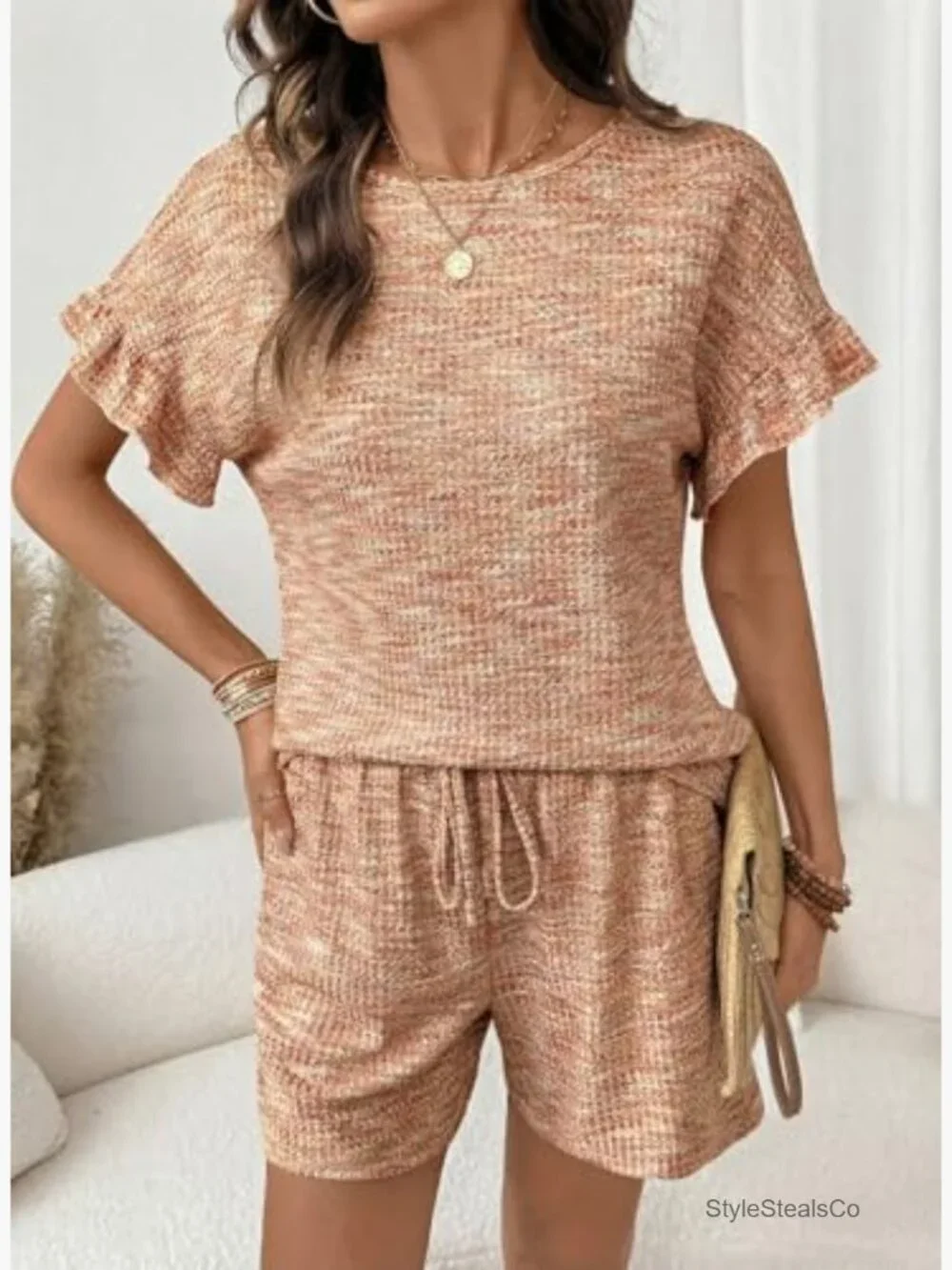 2 Piece Short Sleeve Shorts Set Lounge Matching Set with Pockets